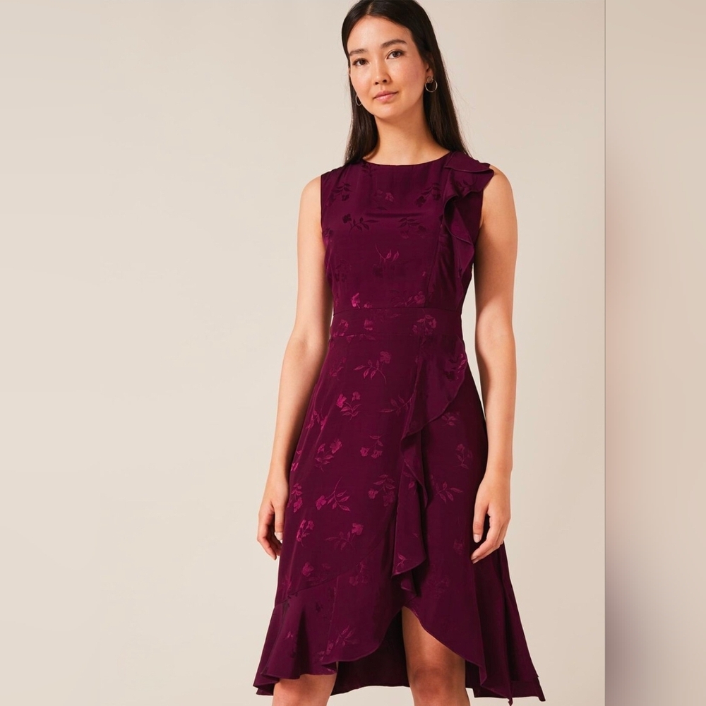 Phase Eight Womens Reese Floral Jacquard Frill Dress Burgundy Elegant Size 10